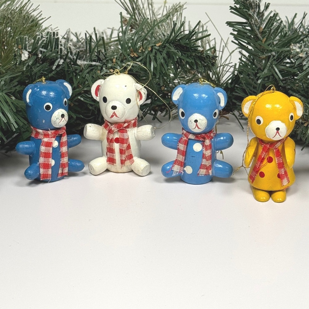 Vintage Wood Bear Christmas Ornaments Set 4 Painted Blue White Yellow Gingham